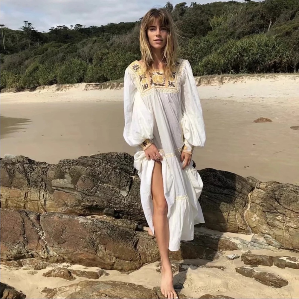 Boho Cotton Embroidered Daisy Floral Prairie Dress - Picture 7 of 10